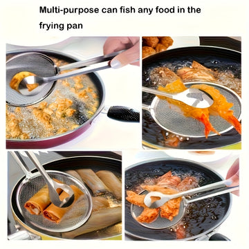 Escuadra de freír de acero inoxidable con mango - Ideal para freír en aceite, hornear y cocinar, perfecta para eliminar el exceso de aceite de los alimentos fritos, esencial para la cocina | Acabado metálico elegante | Herramienta de cocina duradera