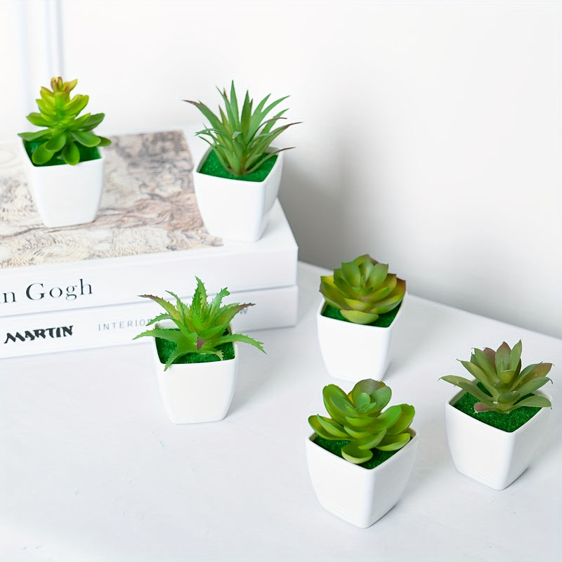 6 piezas - Combinación de plantas artificiales, bonsái verde suculento artificial para decoración interior, adorno de escritorio estilo nórdico, pequeña planta en maceta suculenta artificial, decoración del hogar