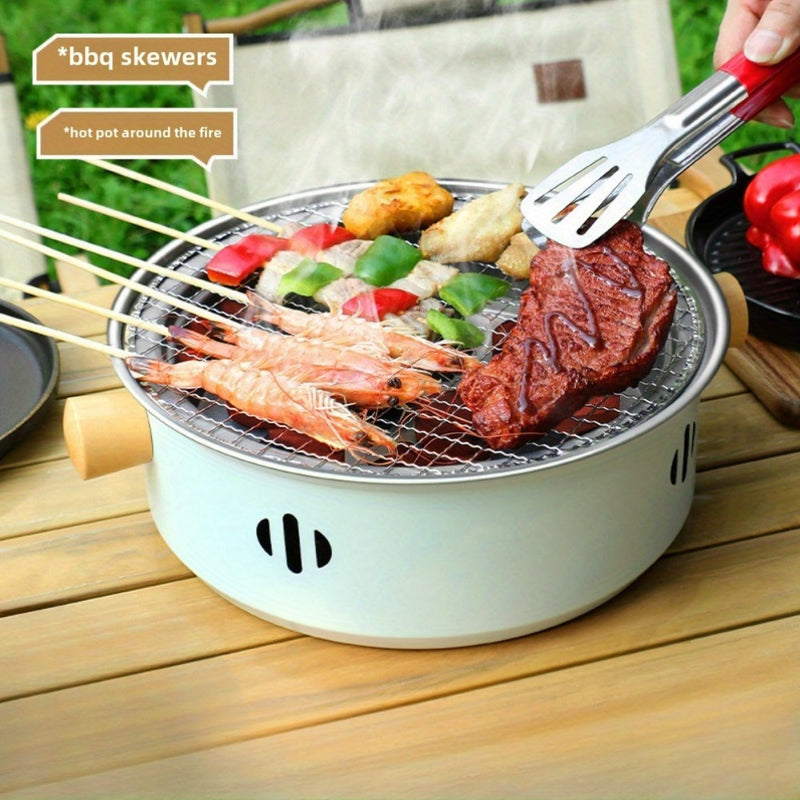 Parrilla de carbón portátil con tapa - Hierro duradero, ideal para camping y barbacoa al aire libre, incluye pinchos y tenazas, esenciales para el camping | Parrilla compacta | Construcción de hierro