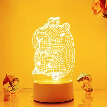 Luz nocturna 3D de capibara encantadora, linda lámpara decorativa para habitaciones, luz nocturna de protección ocular, regalo ideal, luz cálida monocromática - alimentada por USB, no requiere pilas.