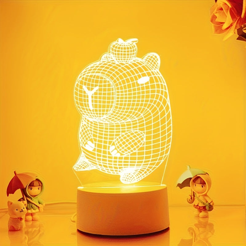 Luz nocturna 3D de capibara encantadora, linda lámpara decorativa para habitaciones, luz nocturna de protección ocular, regalo ideal, luz cálida monocromática - alimentada por USB, no requiere pilas.