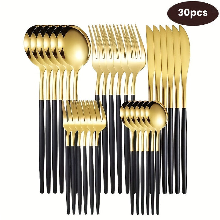 30 piezas de cubiertos de acero inoxidable - Elegantes utensilios pulidos a espejo, cuchillos para carne, tenedores y cucharas de alta calidad, aptos para platos principales y postres.