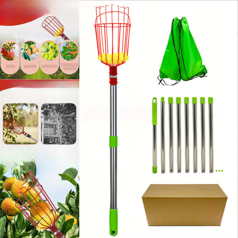 Pulidor de frutas de acero inoxidable con cesta acolchada - Herramienta de jardín moderna para recoger frutas de manera eficiente, no necesita electricidad, equipo de huerta | Mango ergonómico | Cosechador de frutas duradero