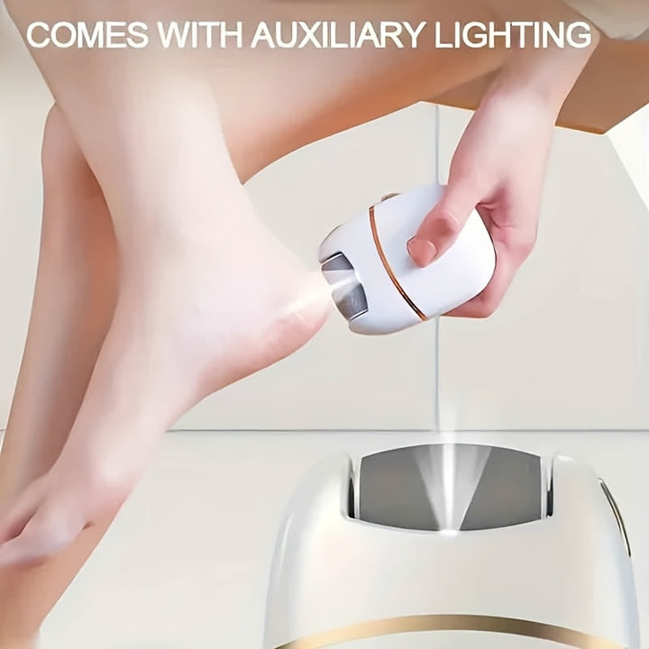 Lijadora de pies eléctrica recargable con luz LED, 3 cabezas de repuesto, carga USB, herramienta de pedicura inalámbrica, pies suaves, sin fragancia, plástico, batería de litio de 400mAh - Dispositivo portátil de cuidado de pies