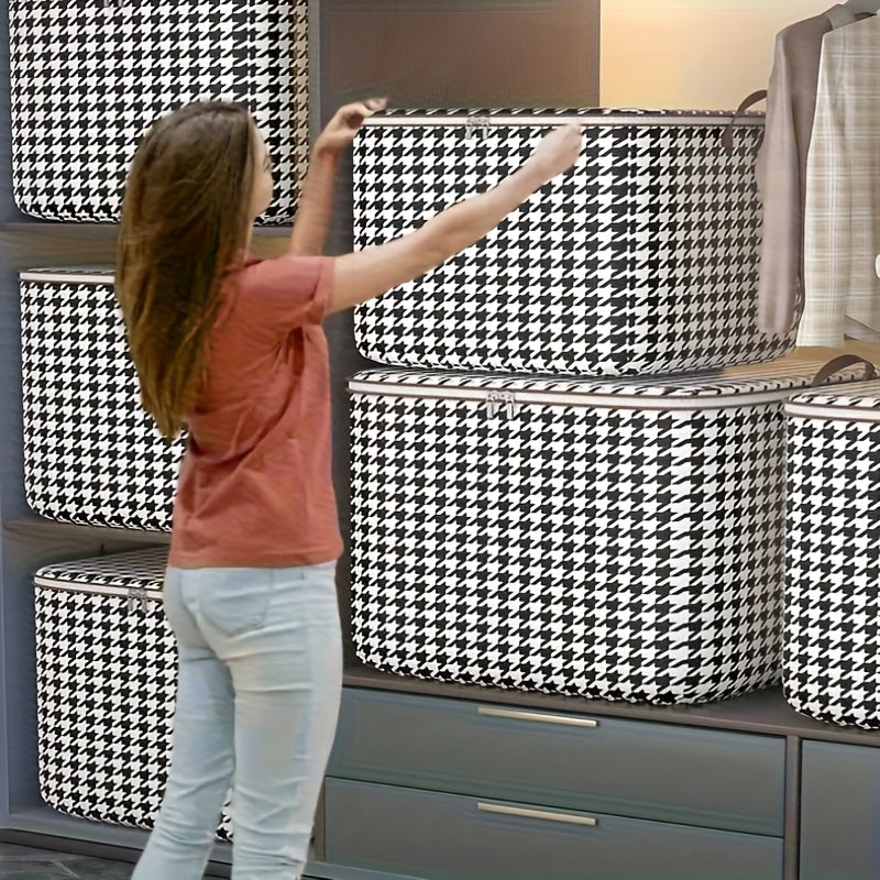 4 piezas de cajas de almacenamiento extra grandes de 47.55 galones, diseño houndstooth, tela gruesa, con cremallera doble y asas para fácil transporte, ideales para ropa, edredones y organización de artículos de temporada, perfectas para el hogar, mudanz