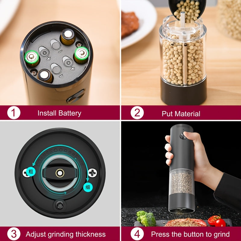 Juego de 2 Piezas, Molinillo Eléctrico de Pimienta con Almacenamiento Inferior, Sal y Pimienta Automático, Molinillo de Especias de Acero Inoxidable, Cuerpo Transparente, Funciona con Batería, Esencial para la Cocina, Regalo Ideal para Fiestas