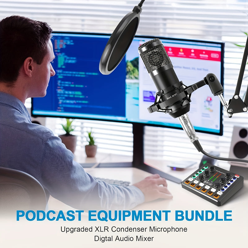 SKTOME Paquete profesional de podcasting - Interfaz de audio M8 todo en uno con micrófono unidireccional de grado de estudio, mezclador de DJ y batería de litio recargable - Perfecto para grabar, transmisión en vivo, juegos y karaoke en PC, smartphone y