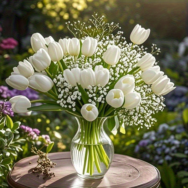 20/30 Tallos de Ramo Artificial de Gypsophila y Tulipanes Blancos - Flores Falsas con Textura Real para Bodas/Fiestas/Domésticos/Otros Decorativos, Centros de Mesa DIY, Regalos para el Día de la Madre/San Valentín/Graduacións, Sin Necesidad de Jarrón (De