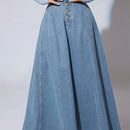 Falda de mezclilla de cintura alta para mujer con cierre frontal y bolsillos con solapa - Color azul claro, tejido no elástico, ideal para primavera/verano/otoño, ropa casual a semi-formal, atuendo casual | Falda con botones | Tejido no elástico