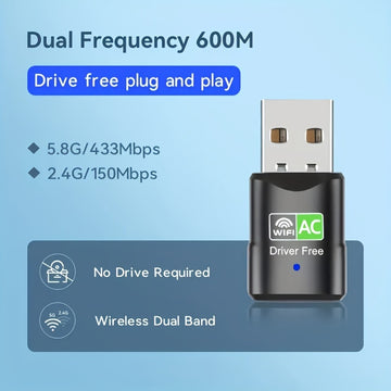 1 pieza, Adaptador inalámbrico USB de doble banda, 600 Mbps, 2,4 G/5,8 G, sin controlador, Plug & Play, sin batería necesaria, compatible con XP/Win7/8/8.1/10/11, ideal para PC y portátiles, conectividad inalámbrica de portátiles | Adaptador sin controla