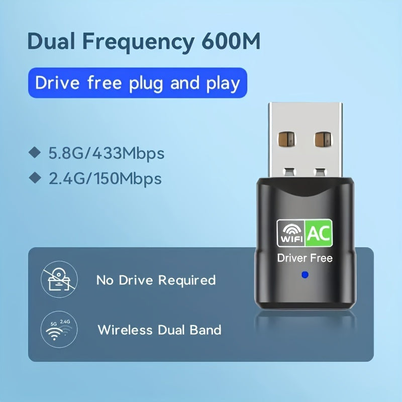 1 pieza, Adaptador inalámbrico USB de doble banda, 600 Mbps, 2,4 G/5,8 G, sin controlador, Plug & Play, sin batería necesaria, compatible con XP/Win7/8/8.1/10/11, ideal para PC y portátiles, conectividad inalámbrica de portátiles | Adaptador sin controla
