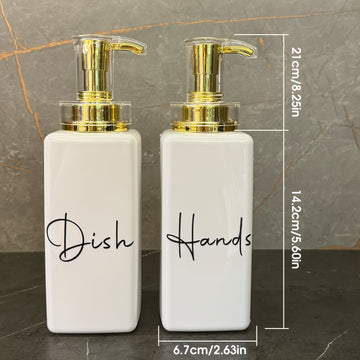 Juego de 2 dispensadores de jabón para encimera de 500 ml, independientes, de plástico, con bomba elegante para jabones y líquidos, botellas cuadradas ahorradoras de espacio con bomba dorada, accesorios elegantes para baño y hogar sin electricidad