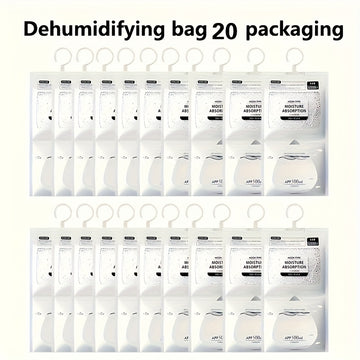 20 unidades Bolsas de Absorbedor de Humedad Colgantes, 56.43oz Desecante - Anti-humedad Armario, Dormitorio y Baño Deshumidificador, Kit de Hogar Eficiente con Gancho Colgante