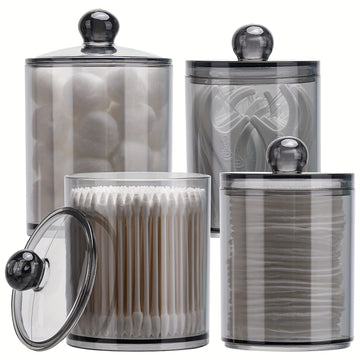Juego de 4 frascos de plástico transparentes de 12 oz y 10 oz, organizadores y contenedores de almacenamiento para baño, bolas, hisopos, almohadillas redondas, hilo dental, con tapa