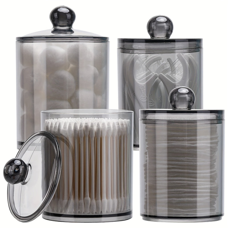 Juego de 4 frascos de plástico transparentes de 12 oz y 10 oz, organizadores y contenedores de almacenamiento para baño, bolas, hisopos, almohadillas redondas, hilo dental, con tapa