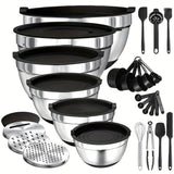 Juego de 22/32 tazones de acero inoxidable con tapa y rallador, anidables, antióxido, aptos para hornear, preparar, cocinar, mezclar ensaladas, servir alimentos, lavavajillas seguro, varios tamaños, ideal para Navidad, perfecto para Acción de Gracias