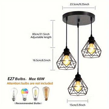 1pc Lámpara Colgante de 3 Luces de Inspiración Industrial, Base E27, Metal Negro con Diseño de Jaula Geométrica - Ideal para Cocina, Comedor, Bar, Iluminación de Dormitorio (Bombillas No Incluidas), Decoración de Cocina