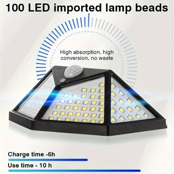 2 Piezas de Lámpara Solar Exterior Súper Brillante, 100 LED, Fuente de Luz Inteligente con Detección Automática en la Oscuridad, Carga Diurna Automática, Iluminación Cuatro Caras, Sensor de Movimiento Incluido, Carga Solar, Instalación Fácil