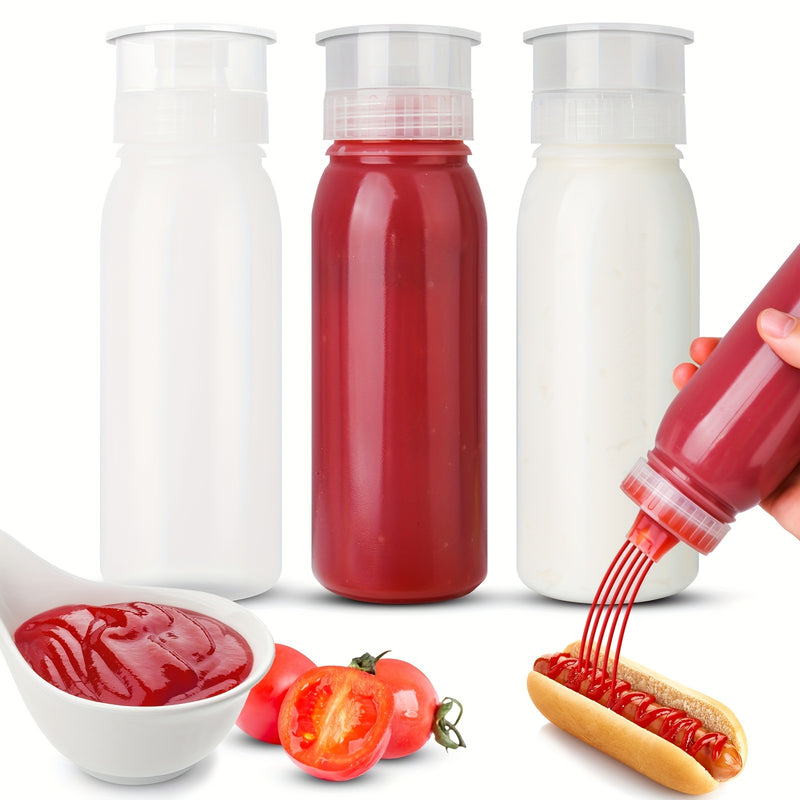 Paquete de 3 botellas de condimentos de plástico presionables: Solo lavado a mano, libre de BPA, forma redonda, adecuado para uso en cocina y comedor