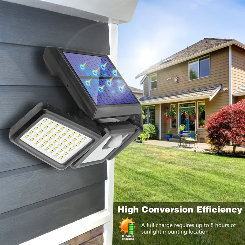 Luz solar exterior con 74 LED, diseño giratorio 360° de 3 cabezas, iluminación en 3 lados, sensor de movimiento con encendido automático, doble batería de alta capacidad, 3 niveles de intensidad, ideal para jardín, garaje, porche y caminos (2 baterías de