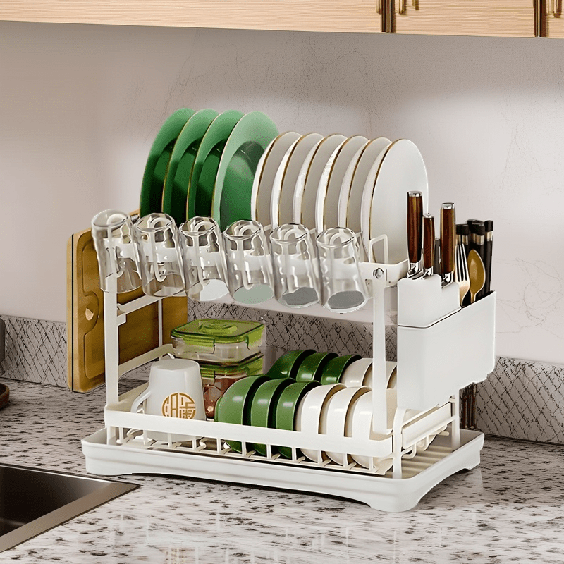 Escurridor de metal antioxido con diseño de doble capa + portavasos + organizador de utensilios + ranura para tabla de cortar — esencial ahorrador de espacio para cocinas pequeñas, estilo moderno en blanco y , adecuado para todas las estaciones