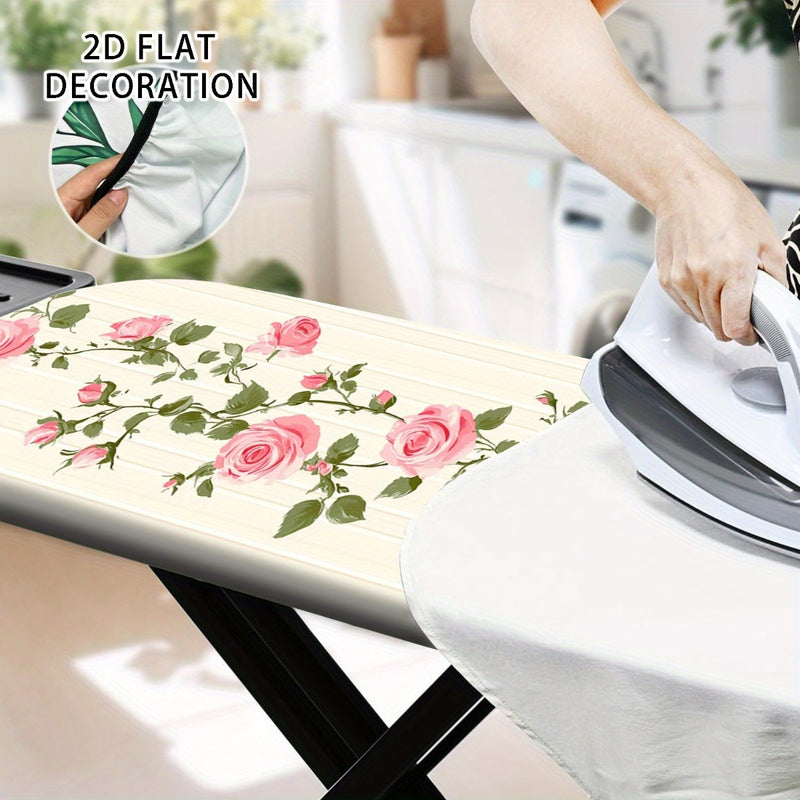 1 Funda de Tabla de Planchar Tamaño Completo - Diseño Plano 2D con Estampado Floral (Rosas Rosadas y Hojas Verdes), Relleno Antiadherente, Bordes Elásticos, Lavable a Máquina - Ajuste para Mesas de Planchar Estándar, Accesorio Decorativo para Lavandería,