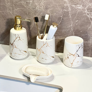Juego de 4 piezas de cerámica con diseño de mármol para baño, incluye vaso para cepillo de dientes, dispensador de jabón líquido, ideal para hogar, alquiler o hotel