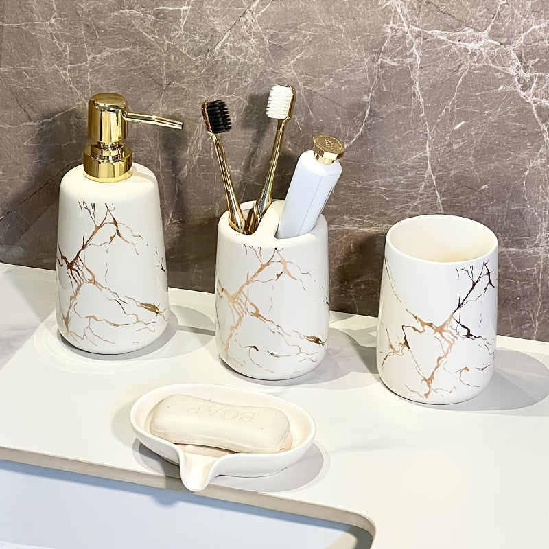 Juego de 4 piezas de cerámica con diseño de mármol para baño, incluye vaso para cepillo de dientes, dispensador de jabón líquido, ideal para hogar, alquiler o hotel