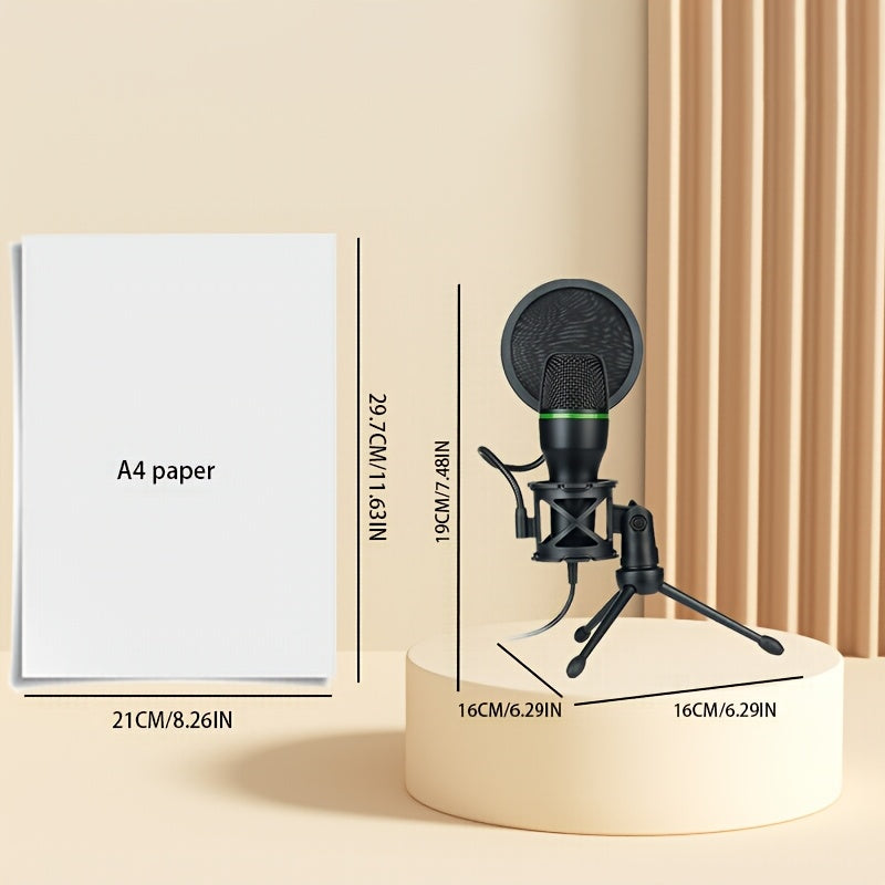 Micrófono de juego de 3,5 mm con alimentación USB, filtro de pop y soporte ajustable - Micrófono de voz con cancelación de ruido para transmisión en vivo, grabación, KTV - Negro, micrófono para juegos, configuración de transmisión, diseño elegante, const