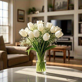 20/30 Tallos de Ramo Artificial de Gypsophila y Tulipanes Blancos - Flores Falsas con Textura Real para Bodas/Fiestas/Domésticos/Otros Decorativos, Centros de Mesa DIY, Regalos para el Día de la Madre/San Valentín/Graduacións, Sin Necesidad de Jarrón (De