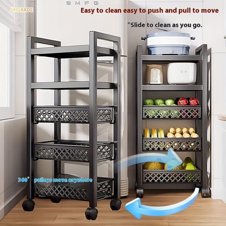 Estantería de metal negra de 3/4 niveles con ruedas, ideal para espacios pequeños, cocinas, baños y lavanderías, carrito práctico moderno con ruedas bloqueables