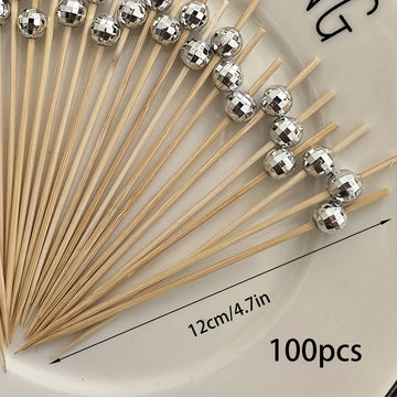 100 piezas de palillos de cóctel con cuentas plateadas espejadas y bolas espaciales, elegantes brochetas de bambú para fiestas, decoración de bares, frutas, pasteles y bocadillos