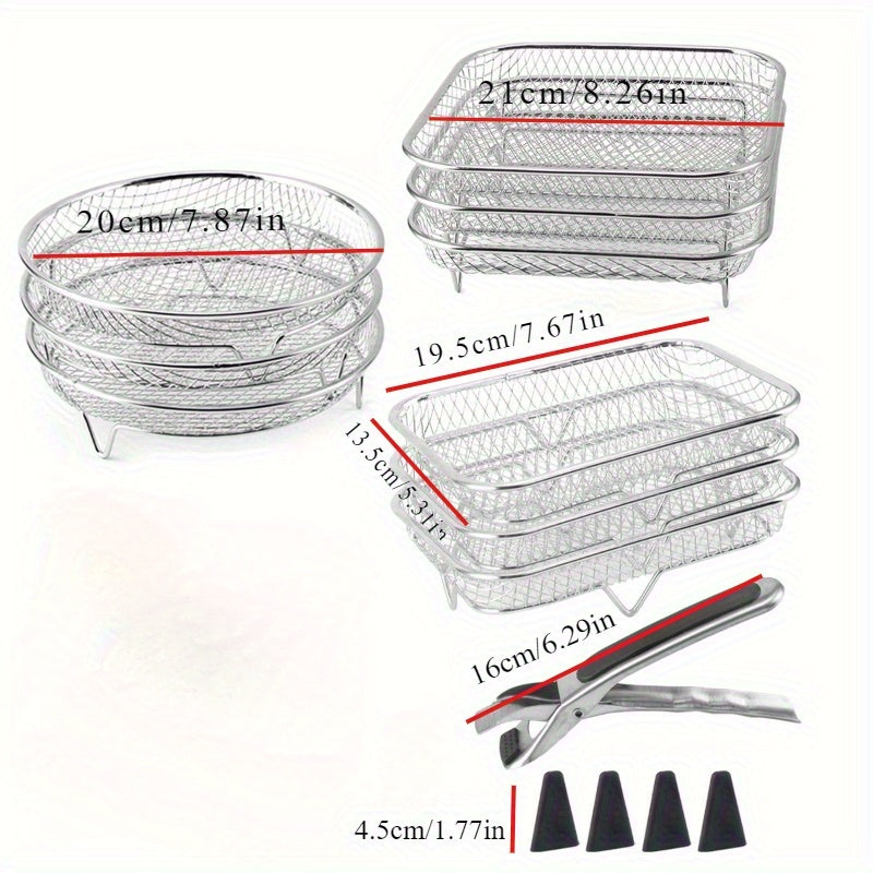 Juego de 8 piezas de accesorios para freidor de aire de acero inoxidable: soporte pila, pinzas y almohadillas de altura - Adecuado para cocinar saludable y deshidratar en freidor de aire de dos cestas, soporte de tres capas para freidor de aire, lavavaji