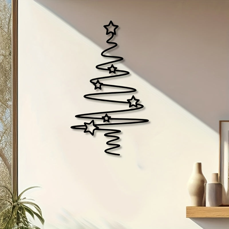 Arte de pared de árbol de Navidad de metal - Decoración navideña no eléctrica para interiores y exteriores, elegante árbol de metal negro con adornos de estrellas, perfecto para sala de estar, patio o jardín, decoración de pared de Navidad.