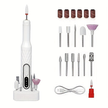 Juego de limas de uñas con carga USB y base, incluye 13 cabezales de pulido, herramienta portátil de manicura y pedicura eléctrica, batería de litio duradera y sin olor, incluye lima de uñas y empujador, esencial para el salón de belleza en casa, regalo