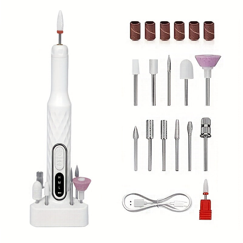 Juego de limas de uñas con carga USB y base, incluye 13 cabezales de pulido, herramienta portátil de manicura y pedicura eléctrica, batería de litio duradera y sin olor, incluye lima de uñas y empujador, esencial para el salón de belleza en casa, regalo