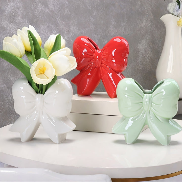 Jarrón de Cerámica con Lazo Decoración Creativa para Escritorio Estilo Europeo Adorno Porta Flores Secas