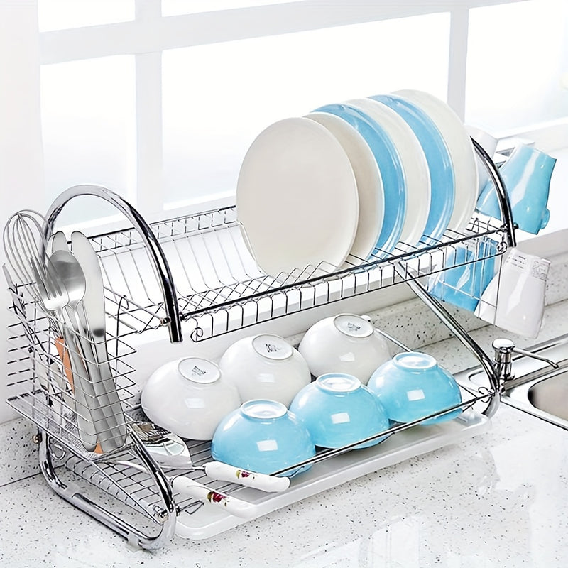 Estante de platos de acero inoxidable en forma de S de dos niveles - Organizador de cocina de encimera que ahorra espacio para platos y tazones, fácil de ensamblar, estructura de hierro duradera, solución de almacenamiento de cocina | Estante metálico el