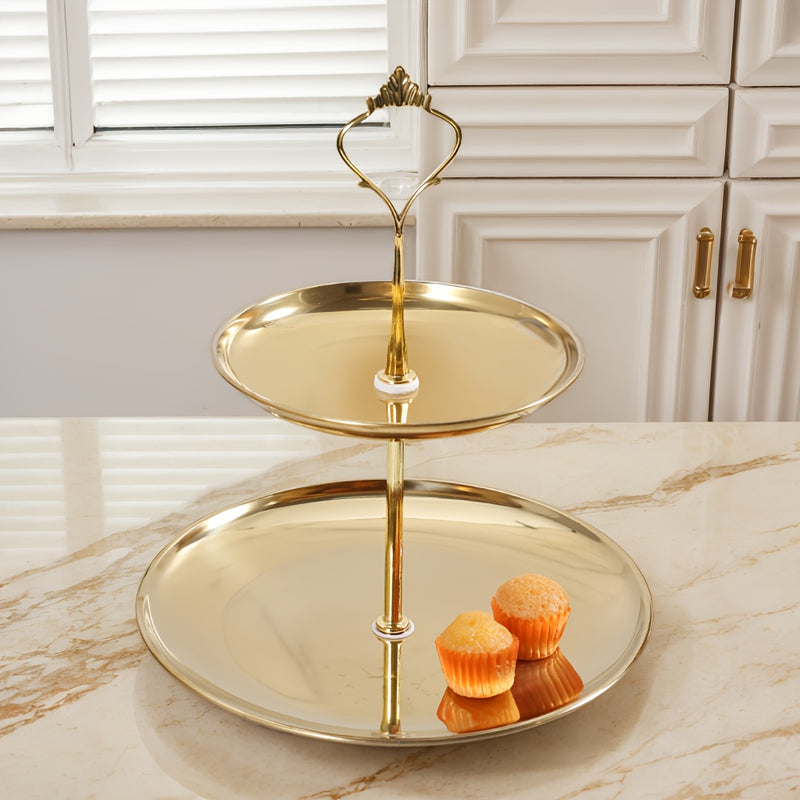 Elegante soporte para cupcakes de acero inoxidable de 2 niveles con asas doradas - Perfecto para celebraciones navideñas, bodas y ocasiones especiales, estante de exhibición seguro para alimentos para pasteles, galletas y refrigerios, ideal para mesa de