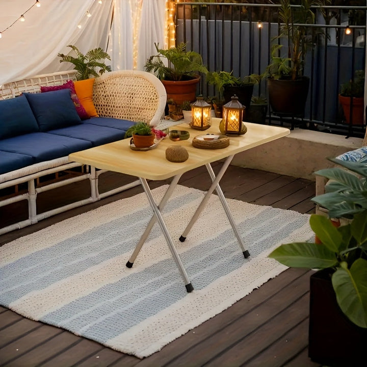 1 pieza de mesa plegable portátil - Madera densa, marco de metal, no necesita energía - Ideal para acampar al aire libre, barbacoas, dormitorios, restaurantes y uso en la oficina - Diseño compacto y duradero, muebles para exteriores | Patrón rayado | Mes
