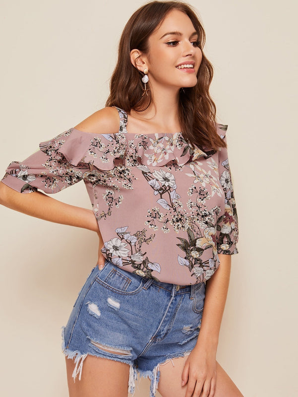 Clasi Top doblado fruncido de cuello asimetrico con estampado floral