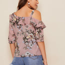 Clasi Top doblado fruncido de cuello asimetrico con estampado floral
