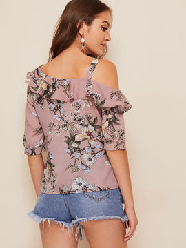 Clasi Top doblado fruncido de cuello asimetrico con estampado floral