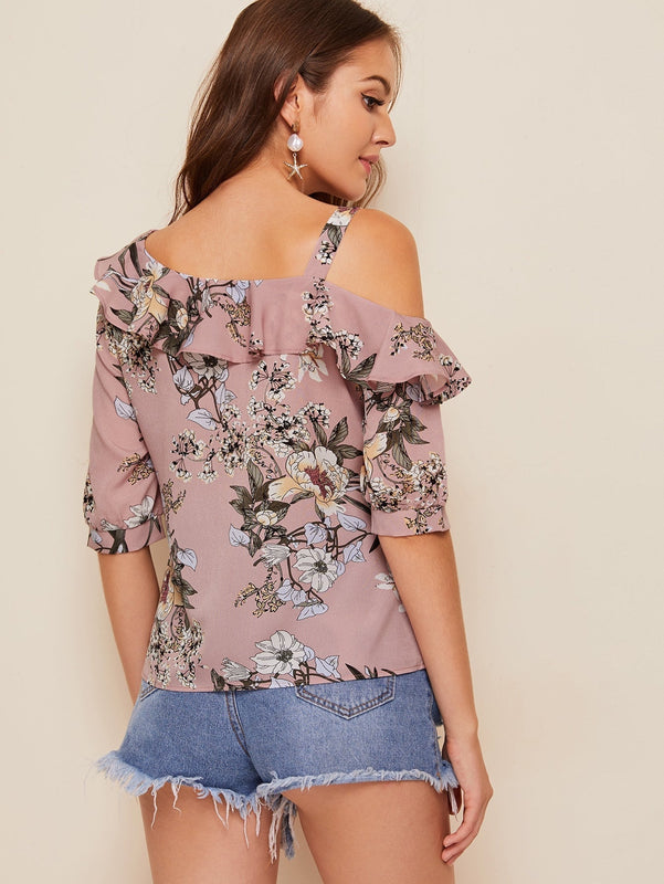 Clasi Top doblado fruncido de cuello asimetrico con estampado floral