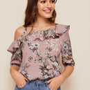 Clasi Top doblado fruncido de cuello asimetrico con estampado floral