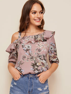 Clasi Top doblado fruncido de cuello asimetrico con estampado floral