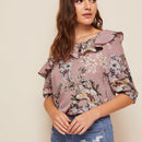 Clasi Top doblado fruncido de cuello asimetrico con estampado floral