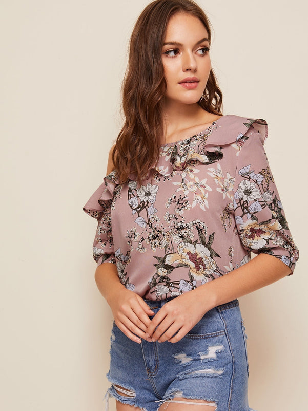 Clasi Top doblado fruncido de cuello asimetrico con estampado floral