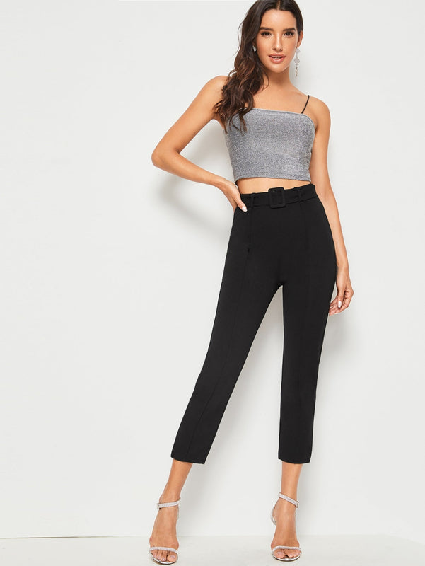 Prive Pantalones unicolor con cinturon con hebilla