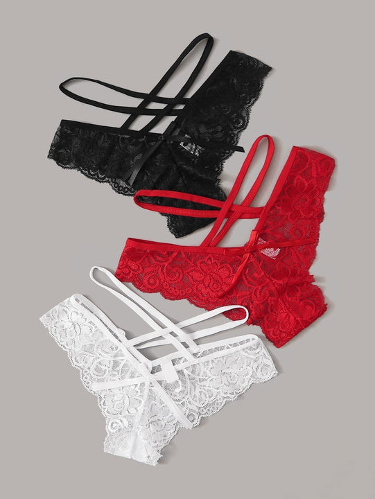 Conjunto De 3 Braguitas De Encaje Floral Con Recorte, Lenceria